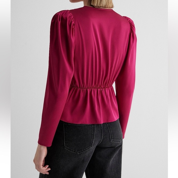 NWT Express Pink Satin Puff Shoulder Draped Faux Wrap Top - Picture 4 of 9
